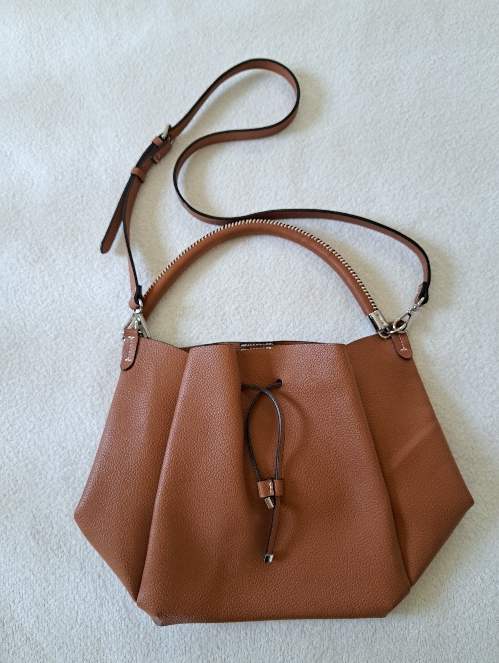 Zara Brown Faux Leather Pleated Shoulder Bag Crossbody Satchel Neutral Handbag